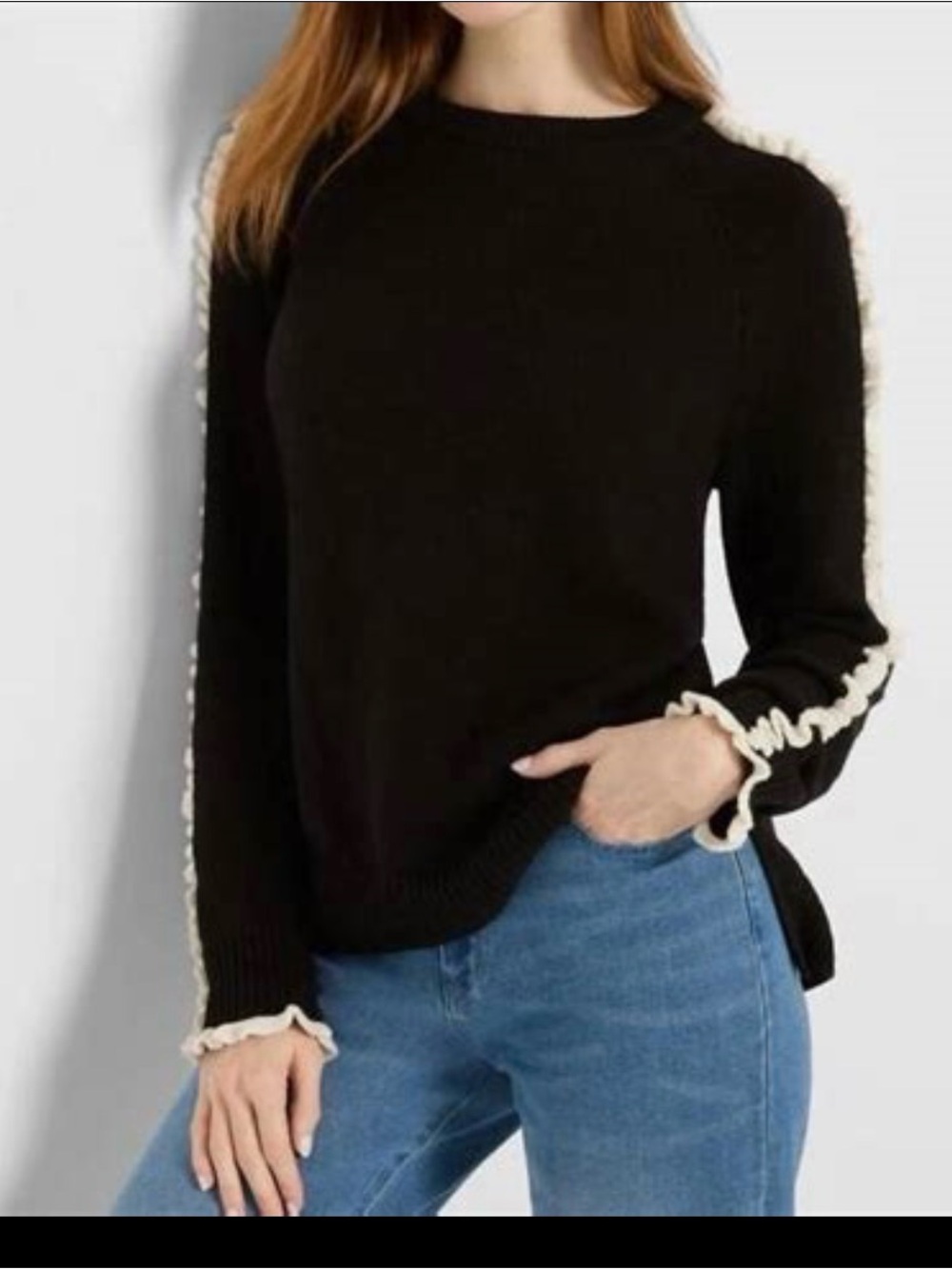Nic+Zoe Black Ruffle-Trim Crewneck Sweater - Women